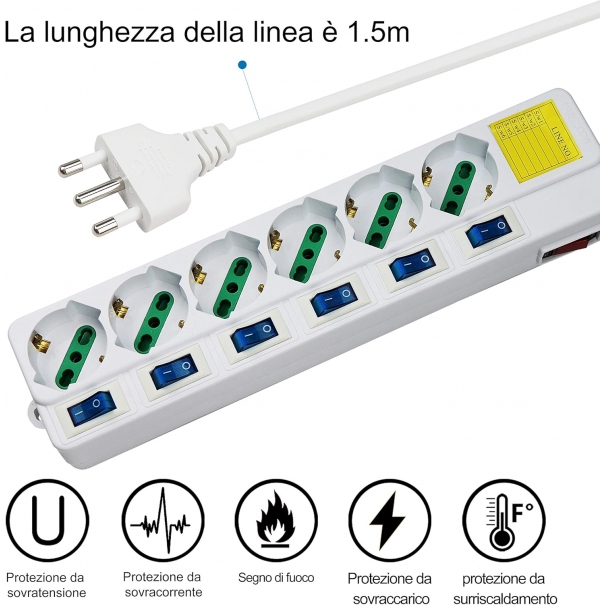 Multipresa ciabatta elettrica 6 Posti 10/16A Bipasso Schuko 250V Max:2500W con interruttori indipendenti 1,5MT